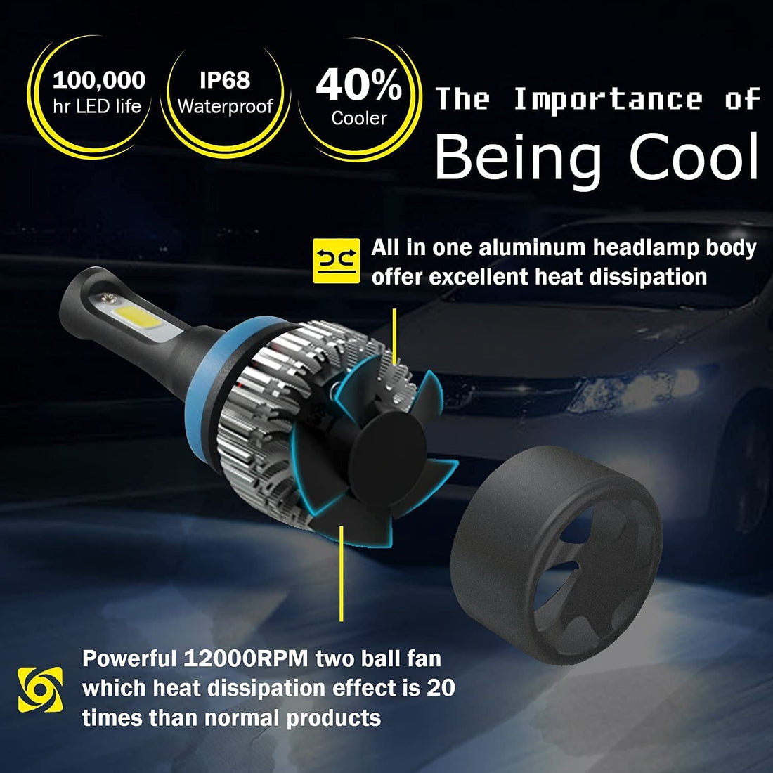 NightEye H8/H9/H11/H16 LED Headlight Bulb – 72W Ultra Bright – 9000 Lumens – White Light – Plug & Play – Suitable for Cars and Bikes – Pair (2 Bulbs)