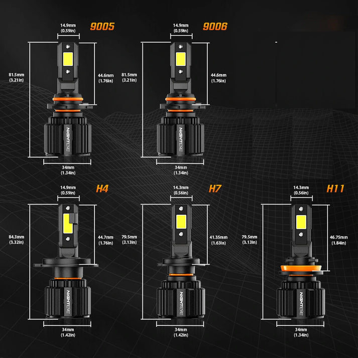 NightEye S4 H8/H9/H11/H16 LED Headlight Bulb (Set of 2) – 13000 Lumens, White Light