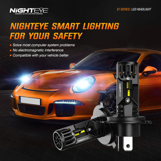 NightEye A315-S7 H4 Hi/Lo 70W LED Car Headlight Bulbs – 20,000 Lumens – 6500K White – IP68 Waterproof – Aviation Aluminum – Plug & Play – Pair (2 Bulbs)