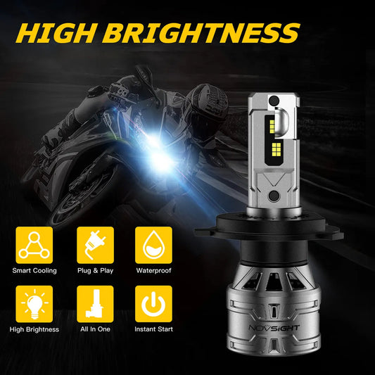 NightEye NOVSIGHT H4/9003/HB2 LED Headlight Bulb – 30W – Plug & Play Halogen Replacement – 6500K White – For Bike – 1 PC