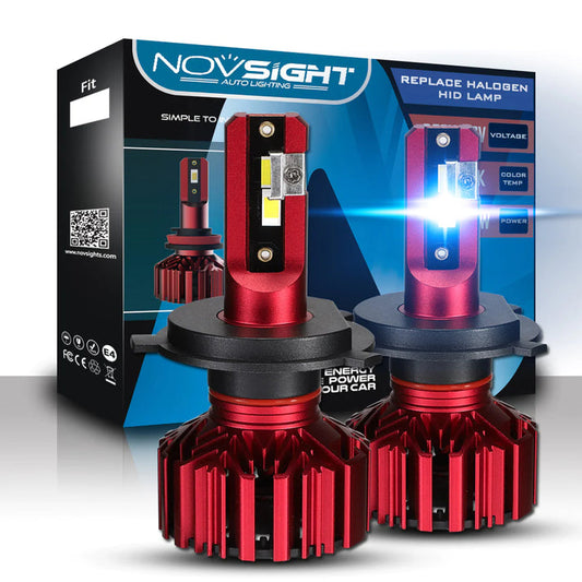 NightEye NOVSIGHT N11 Series H4 LED Headlight Bulbs (Pack of 2) – 60W/Pair – 10,000LM – 6000K White – Compact All-in-One Design