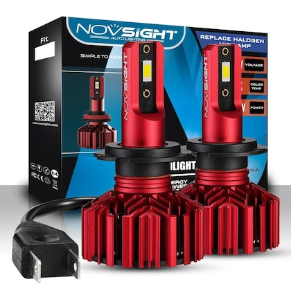 NightEye NOVSIGHT N11 Series H4 LED Headlight Bulbs (Pack of 2) – 60W/Pair – 10,000LM – 6000K White – Compact All-in-One Design